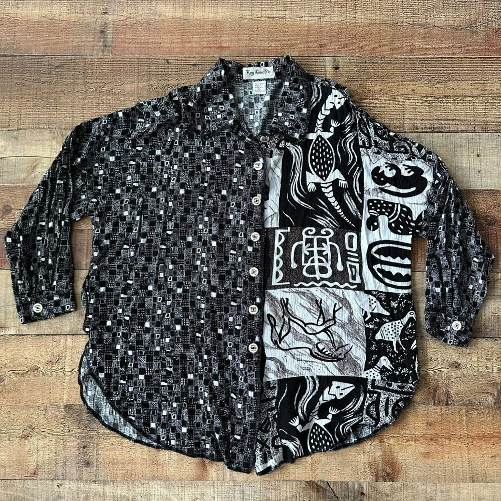 Vintage Key Lime Pie black and white abstract long sleeve button down -L